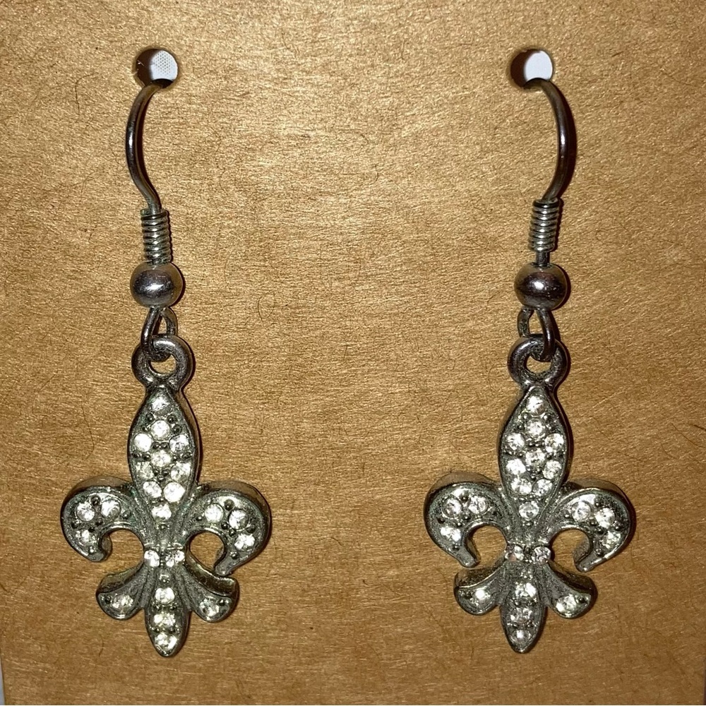 Fleur de Lis Silver Drop Hook Dangling Earrings New Orleans Cocktail Jewelry